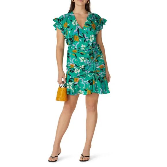 Veronica Beard Dress 2 Maria Silk Mini Green Floral Ruched Brunch Romantic Chic - Picture 1 of 14